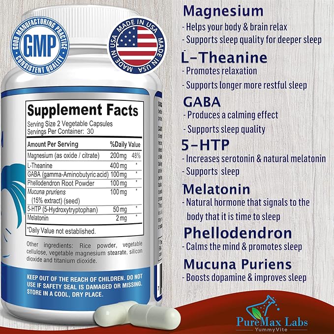 Natural Calm Sleep Aid with Magnesium, L-Theanine, Melatonin, GABA, 5-Htp | Sleep Aid | Non-GMO - 60 Capsules