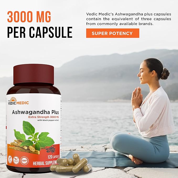 Organic Ashwagandha Capsules Extra Strength 3000mg with Black Pepper Extract - Stress Relief, Mood Enhancer, Energy Support - Non-GMO, Vegan, Gluten Free (120)