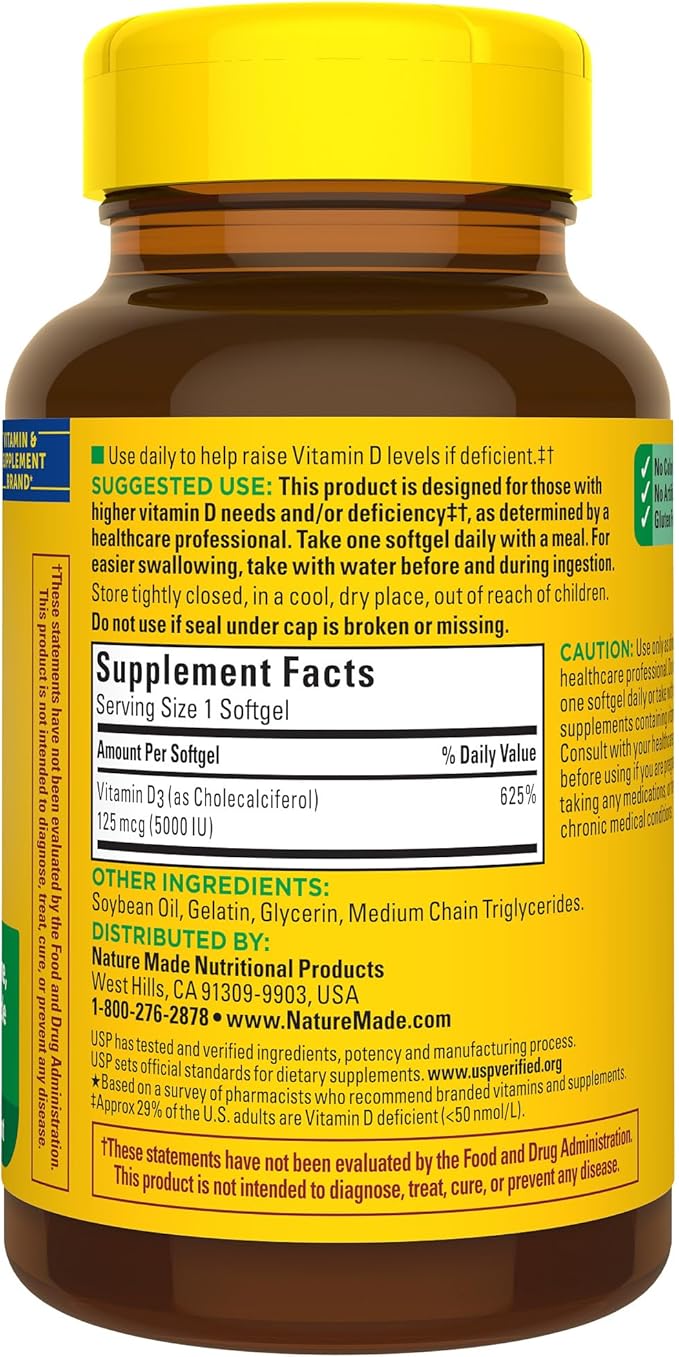 Nature Made Extra Strength Vitamin D3 5000 IU (125 mcg), Dietary Supplement for Bone, Teeth, Muscle and Immune Health Support, 360 Softgels, 360 Day Supply