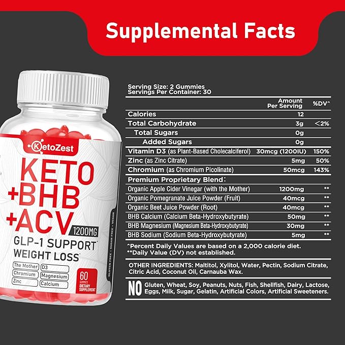 Organic Keto ACV BHB GLP-1 Gummies - Apple Cider Vinegar with The Mother Supplement - Vitamin D3 Zinc Beetroot Pomegranate Chromium Beta Hydroxybutyrate - Vegan Sugar Gluten Free for Men Women