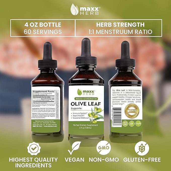 Maxx Herb Olive Leaf Extract – Max Strength Oleuropein Liquid Absorbs Better Than Capsules or Tea, for Immune Support, Heart Health, and Seasonal Wellness - 4 Bottles, 4 Oz Each (240 Servings)