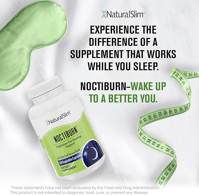 NaturalSlim Night Time Fat Burner for Women & Men - Noctiburn Overnight Fat Burning Supplements with Essentials Amino Acid for Night Burn Metabolism Support - 120 Vegetable Capsules