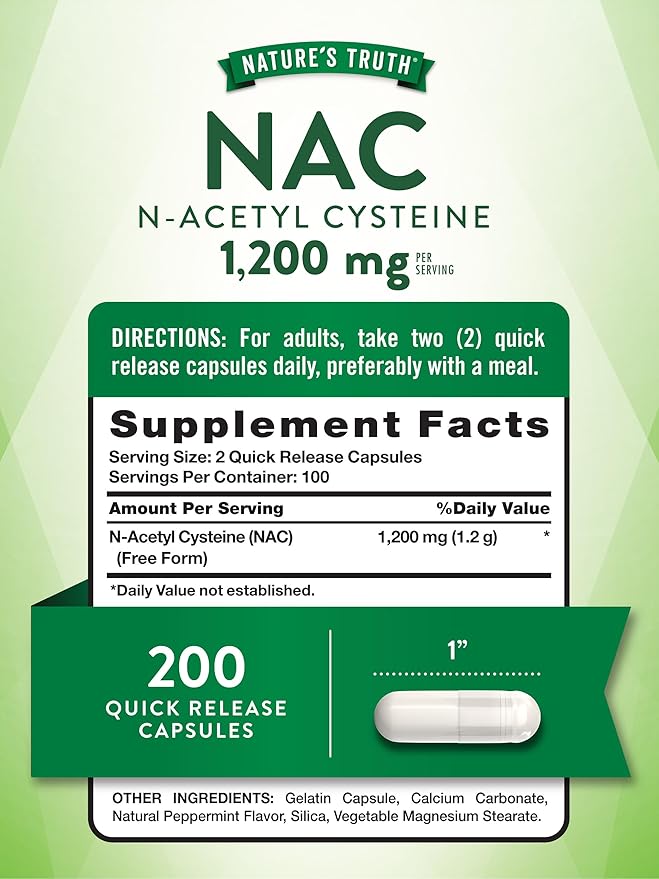 Nature's Truth NAC N-Acetyl Cysteine | 1,200mg | 200 Capsules | Free Form Amino Acid | Non-GMO & Gluten Free Supplement