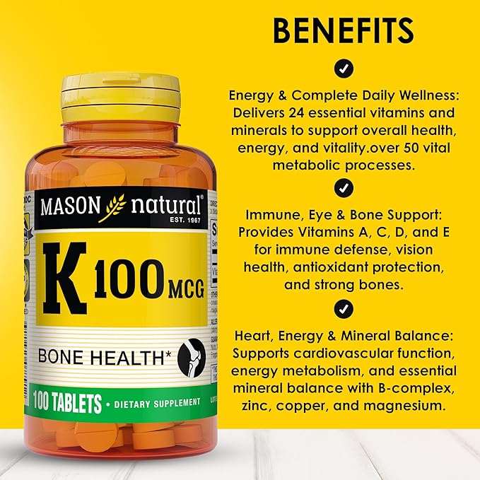 MASON NATURAL Vitamin K 100 mcg, Supports Bone & Joint Health, Helps Calcium Absorption, 100 Tablets, Pack of 3