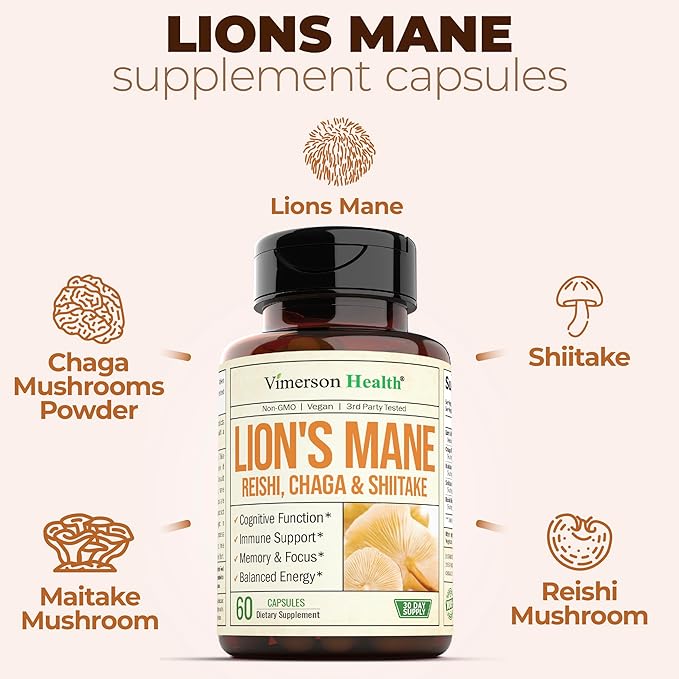 Lions Mane Supplement Capsules - Mushroom Powder Blend with Lions Mane Powder, Turkey Tail, Shiitake Mushrooms & More. Focus & Energy Supplements for Mood & Immune Support. Non-GMO. 60 Vegan Capsules