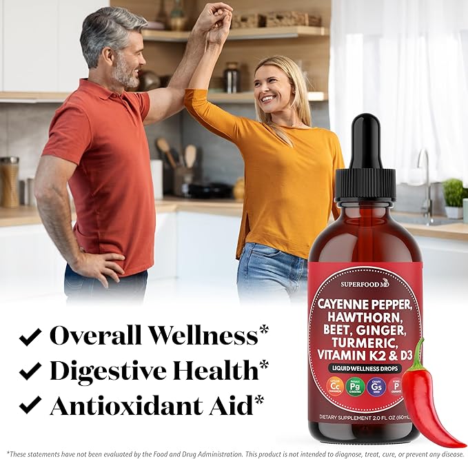 Cayenne Pepper Supplement Liquid Drops + Hawthorn Berry, Vitamin D3 K2 Beet Root Powder, Ceylon Cinnamon, Turmeric Curcumin, Organic Panax Ginseng - 2 OZ
