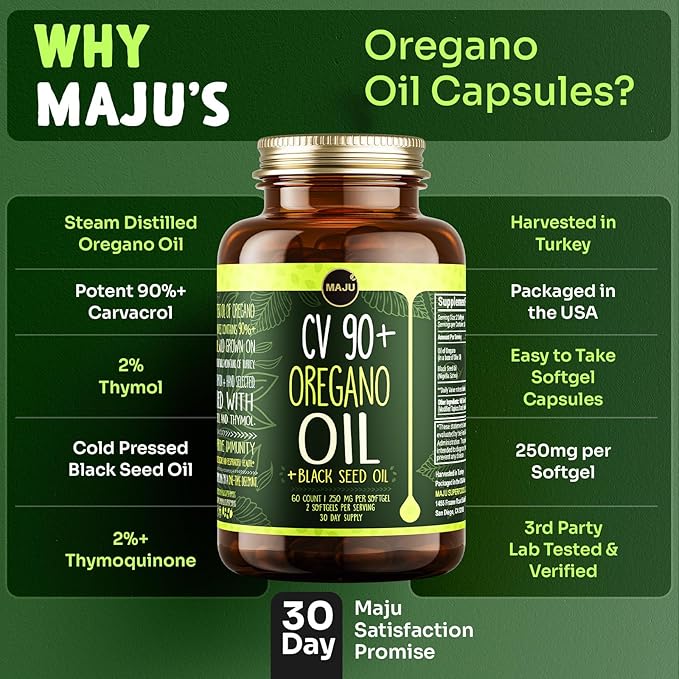 Maju Superfoods Oil of Oregano with Black Seed Oil Capsules, 2-in-1 Softgel, Potent 90%+ Carvacrol, High Thymoquinone, 60 Count, 500mg per Serving, Wild Oregano and Black Seeds
