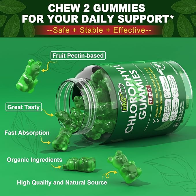 Chlorophyll Gummies, Super Green 18-IN-1 with Organic Chlorella Spirulina, Wheat Grass, Magnesium, Prebiotic Fiber for Internal Deodorant*,Comfort Digestion, Metabolism,Immune, Fresh Body Odor, 2Packs