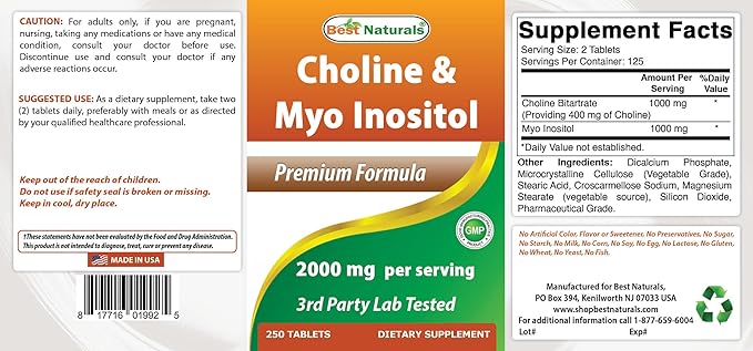 Best Naturals Choline Inositol (Myo Inositol) 2000 mg Per Serving 250 Tablets - Non-GMO, Gluten Free, Made in The USA