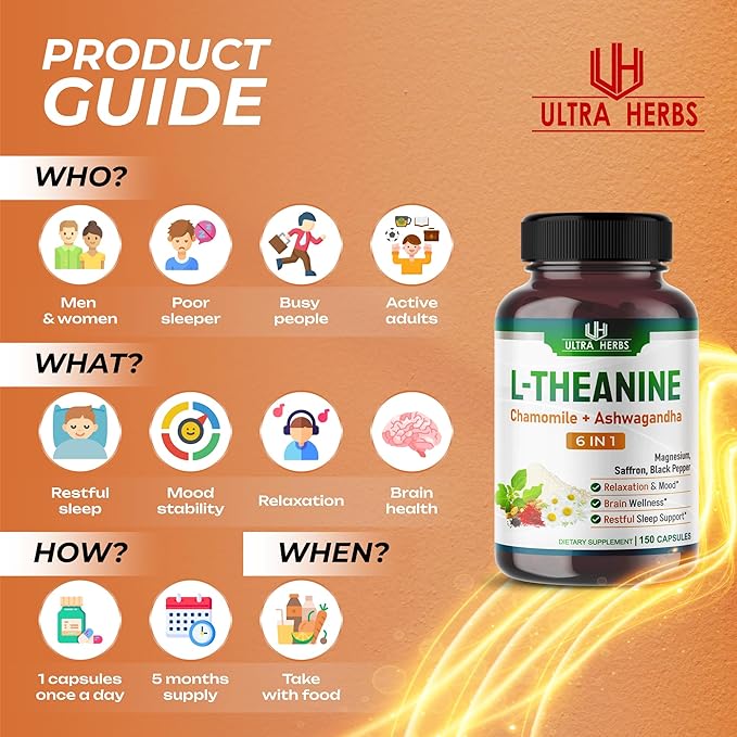 L-Theanine Supplement - 6 IN 1 Complex Enriched with Magnesium, Ashwagandha, Saffron, Chamomile - Support Relaxation, Calmness & Sleep Quality | 150 Capsules