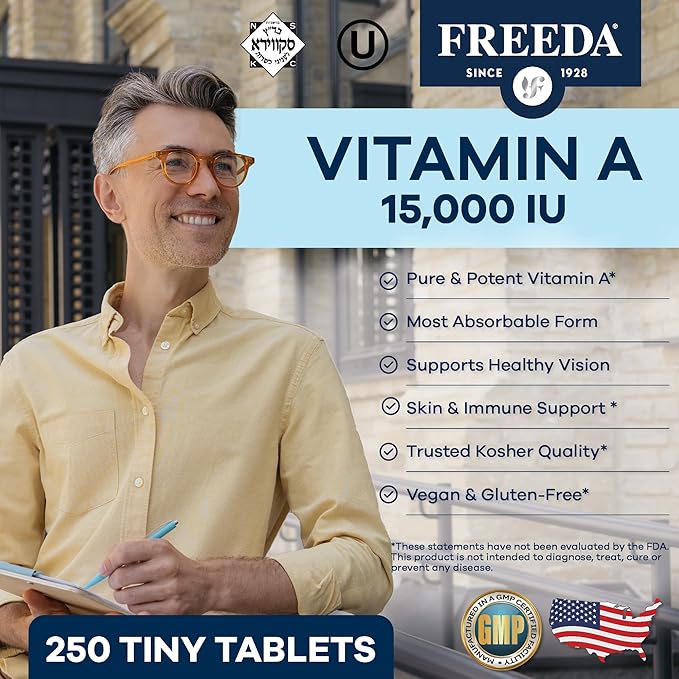 Freeda Vitamin A 15,000 IU – Retinyl Palmitate – Vegan, Kosher, No Fish – Eye, Vision, Immune & Skin Support – Tiny Easy-to-Swallow Tablets – VIT A Vitamina A Supplement – 250 Tablets