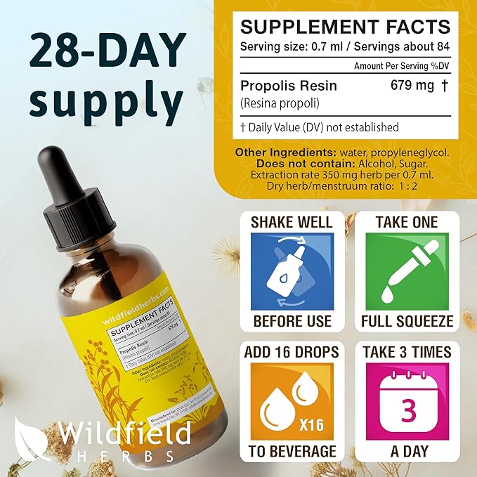 Propolis Extract Drops - Propolis Tincture 2040mg Liquid Herbal Supplement Absorbs Better Than Capsules, 1 Month Supply, 84 Servings, Alcohol-Free Tincture - 2 Oz, Pack of 1
