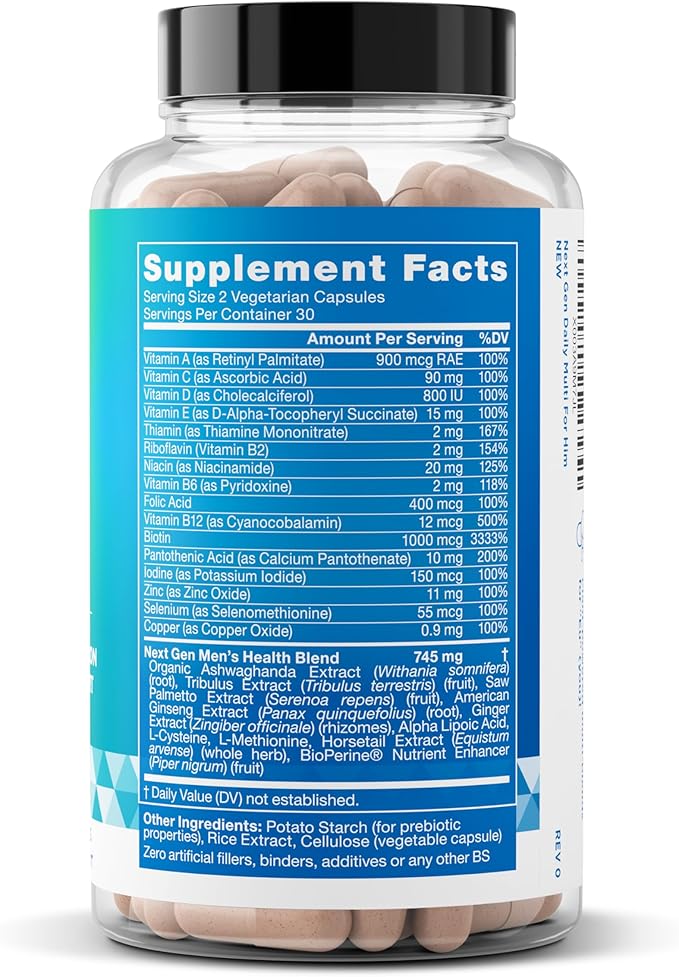 Next Gen Multi for Him Advanced Men’s Multivitamin Supplement – 26-in-1 Multiblend for Beard & Hair Growth, Men’s Reproductive Health, Metabolism, Heart, Skin, Prostate Support, More – 60 Veg Capsules