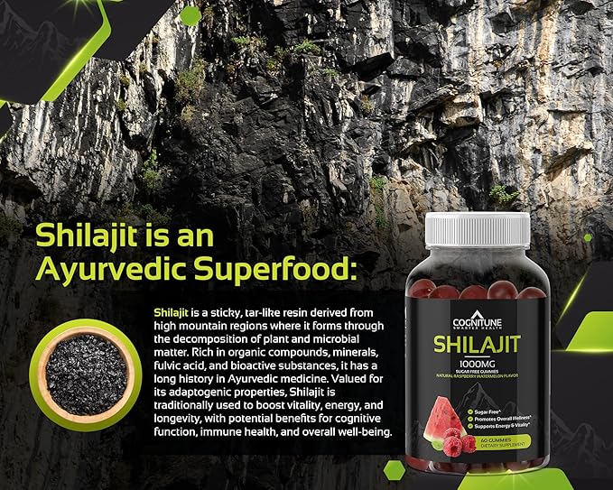 Shilajit Gummies - Pure & Potent Shilajit Supplement, 1,000mg per Serving, Sugar-Free Natural Raspberry Watermelon Flavor, Rich in Minerals, Fulvic Acid, Boost Energy, Vitality & Overall Wellness