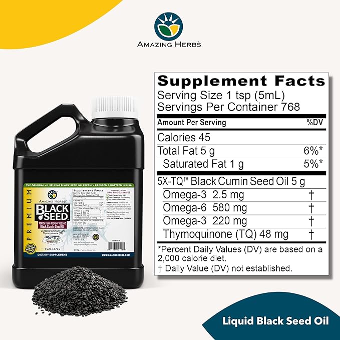 Amazing Herbs Premium Black Seed Oil - Gluten Free, Non GMO, Cold Pressed Nigella Sativa Aids in Digestive Health, Immune Support, Brain Function - 128 Fl Oz