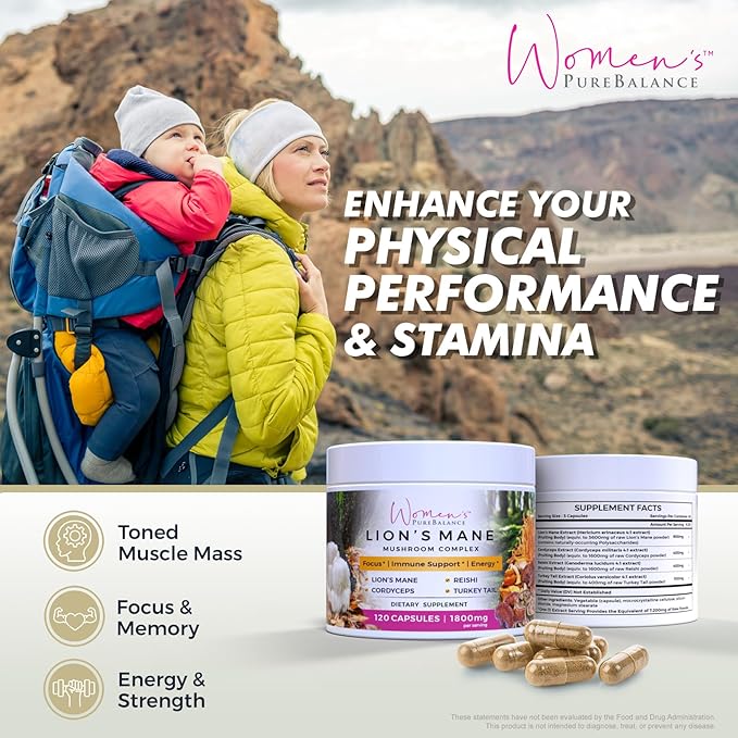 Women's PureBalance Lion's Mane Mushroom Supplement Capsules with Reishi, Cordyceps, Turkey Tail – Brain Nootropic for Memory, Focus, Natural Energy, & Immune Support, Non-GMO (120 Capsules)