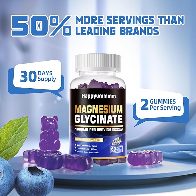 Magnesium Glycinate Gummies 1000mg - Sugar Free Magnesium Potassium Supplement with Vitamin D, B6, CoQ10 for Calm Mood & Sleep Support - 60 Blueberry Gummies