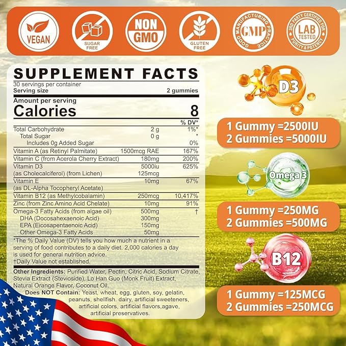 Sugar Free Vitamin D3 5000 IU Gummies + Methyl B12 Vitamins + Vegan Omega 3 Supplement, Organic Vitamin D Gummies for Women Men with Vitamin ACE & Zinc for Energy, Mood, Muscle & Immune Support