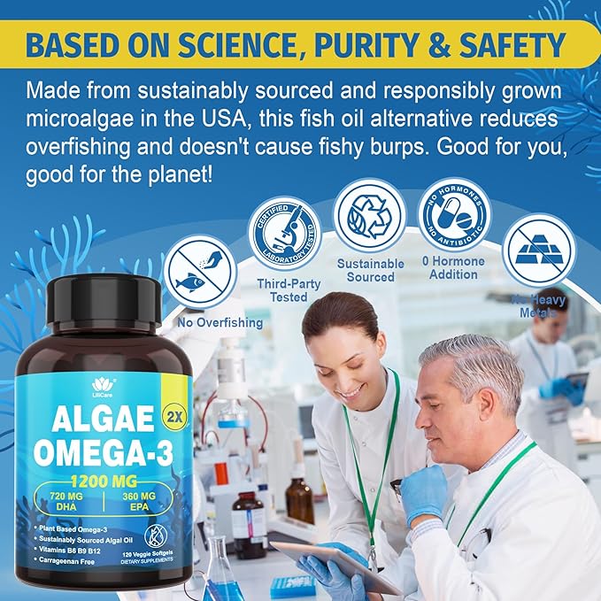 Fish Oil Alternative 1200mg - Vegan Omega-3 Supplement for Adults, Algae Oil Science Backed 2:1 Ratio DHA 720mg EPA 360mg, Plant Based Omega-3 Softgels for Brain Eye Immunity, Vegan 240Cts
