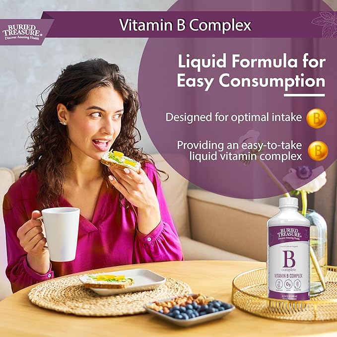 Buried Treasure B Complete High Potency All B Vitamins Liquid Supplement for Stress, Energy and Healthy Immune Support Vegan Non-GMO, 16 oz w/ Dose Cup