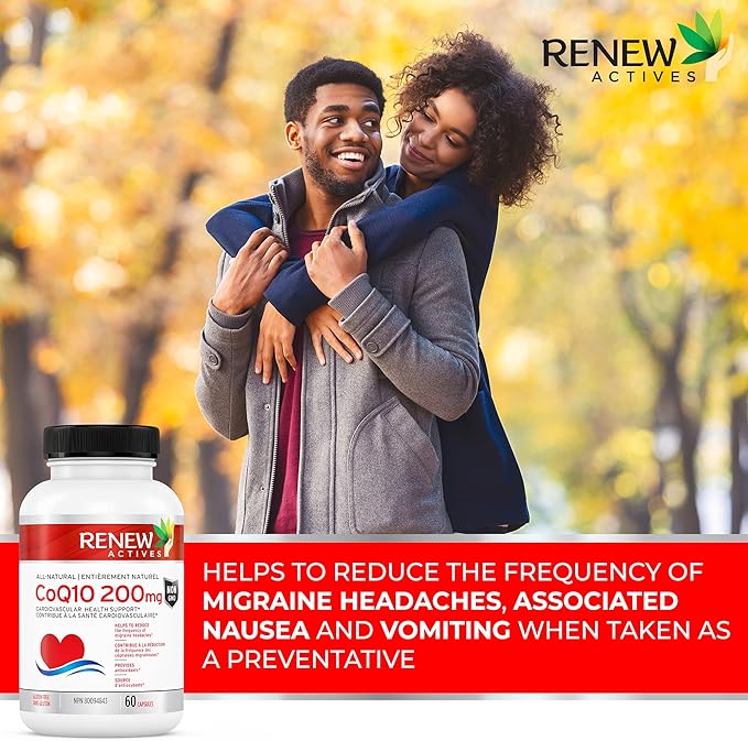 Renew Actives CoQ10 Ubiquinone Supplement 200MG per Serving – Supports Heart Health, Migraine Relief, Immune System Boost Antioxidant Support & Energy – High Potency, Made in Canada - 60 Capsules