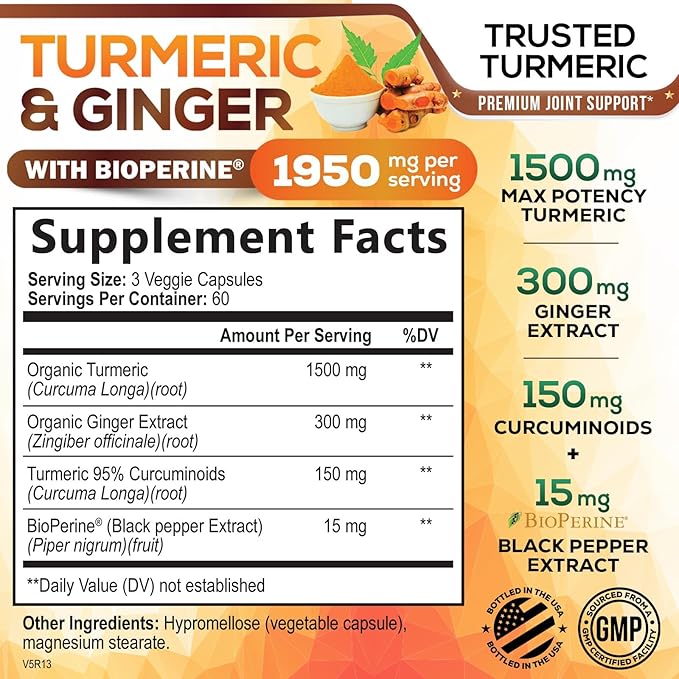 Turmeric Curcumin Supplement 1950mg with Organic Turmeric & Ginger, 95% Curcuminoids, BioPerine Black Pepper for Best Absorption, Nature's Vegan Joint Support, Non-GMO, Bottled in USA - 180 Capsules