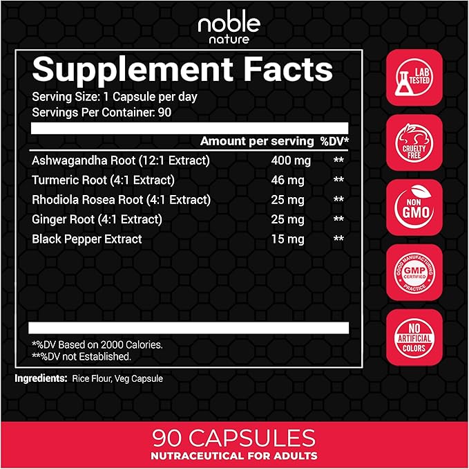 Ashwagandha Supplement with Turmeric, Rhodiola Rosea, Ginger Root, and Black Pepper Extract - 90 Veg Capsules