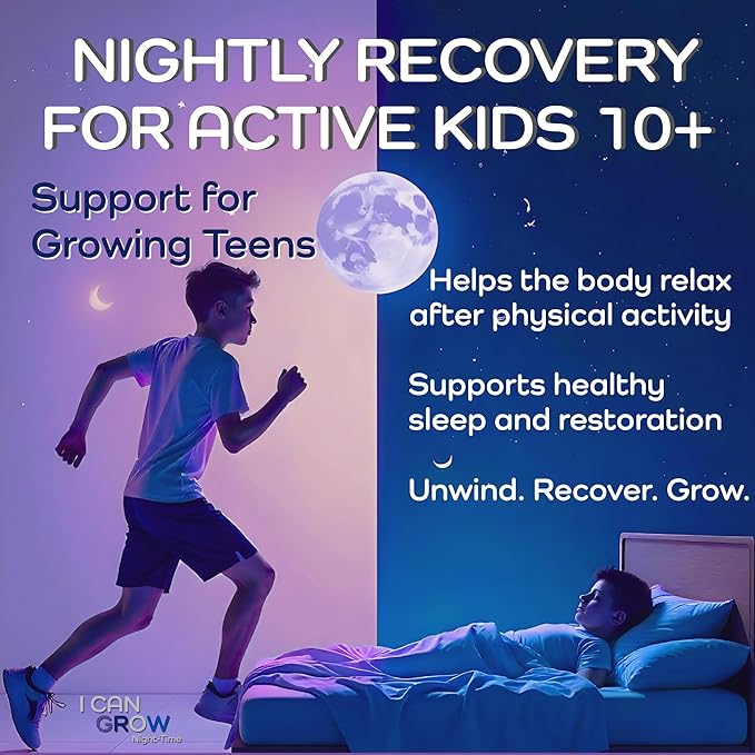I Can Grow Night-Time Sleep Support for Kids 10+ & Teens | Magnesium Bisglycinate + GABA + L-Theanine | Non-Habit Forming | No Melatonin | Natural Calm & Recovery Formula | Vitaminas para Niños