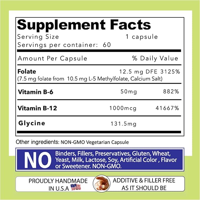 Our Daily Vites L-Methylfolate B Complex Cofactors & Essential Amino Acids (7.5mg) - Active Folate, Methylated B12 Methylcobalamin, B6 and Glycine - 60 Count