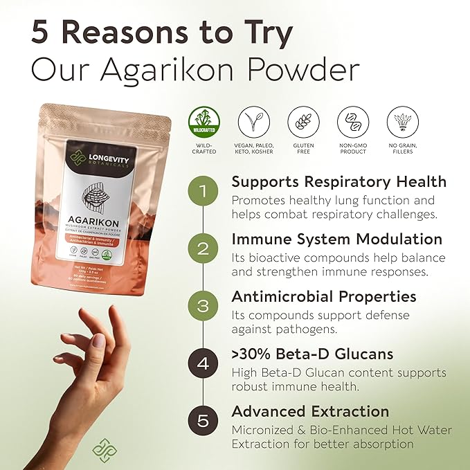 Longevity Botanicals Wildcrafted Agarikon Mushroom Extract Powder 100g | Concentrated 10:1 Ratio | 100% Fruiting Bodies | Laricifomes Officinalis Supplement for Immunity & Respiratory Support