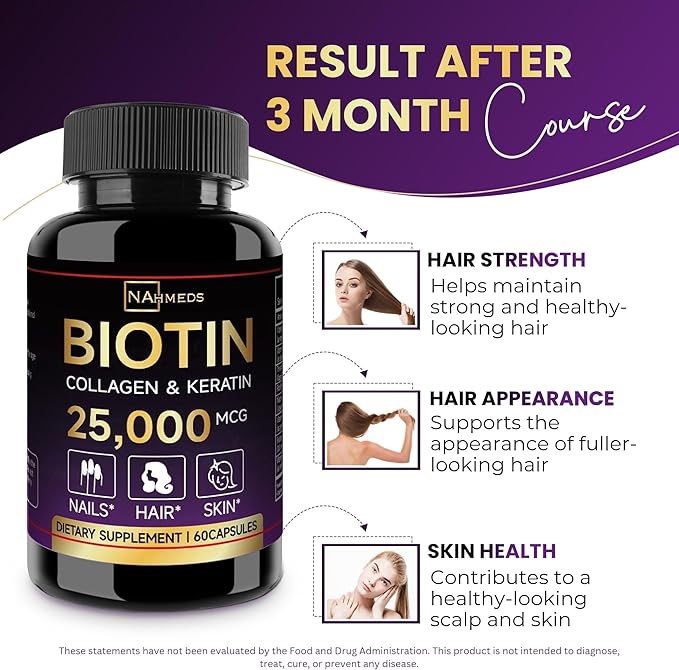 Biotin Hair Skin & Nails Vitamins – 25,000 mcg Biotin with Collagen, Keratin & Hyaluronic Acid – Supports Healthy Hair, Radiant Skin & Strong Nails – Unisex Supplement – 60 Capsules