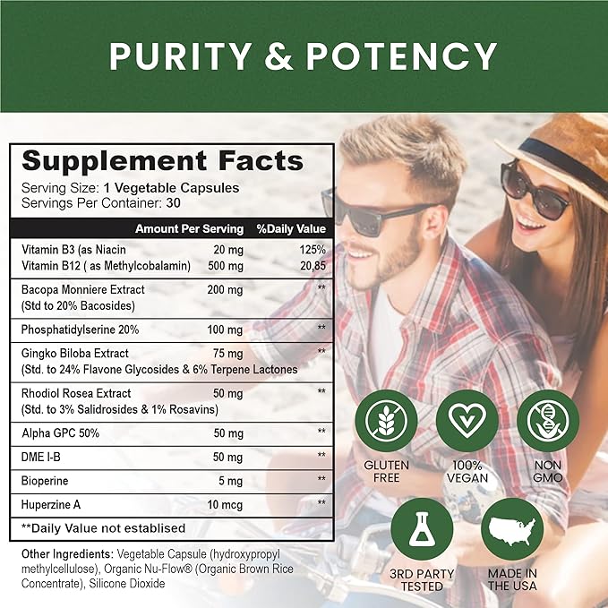 Brain Booster Nootropics - Brain Shield with Ginkgo Biloba, Alpha GPC and Bacopa Monnieri, Vitamin B12, B3 - Support Focus, Memory & Clarity, Energy & Stress Relief. (1)