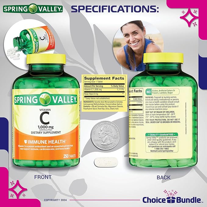 Spring Valley Vitamin C with Rose HIPS Tablets Dietary Supplement 1,000 mg 250 ct 4 pk (1000 Total) + Vitamin Guide & Pill Container (6 Items)!