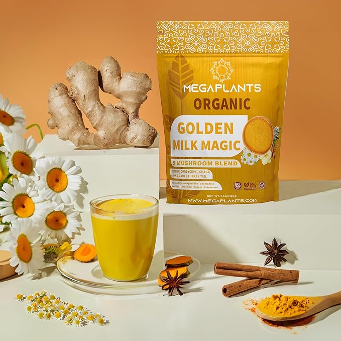 Golden Milk Magic (50 Servings) | Superfood 5 Mushroom Blend for Sleep, Relaxation, Relief | Turmeric, Ashwaghanda, Valerian, Chamomile + 5 Mushroom Blend | Smoothie, Hot Beverage