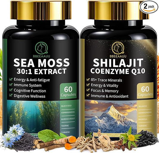 Shilajit for Men and Women, Sea Moss and Shilajit Bundle, All in 1 Supplements with Coenzyme Q10, Black Seed, Ashwagandha, Taurine, Burdock for Energy, Antioxidant & Immune Support, 120 Capsule