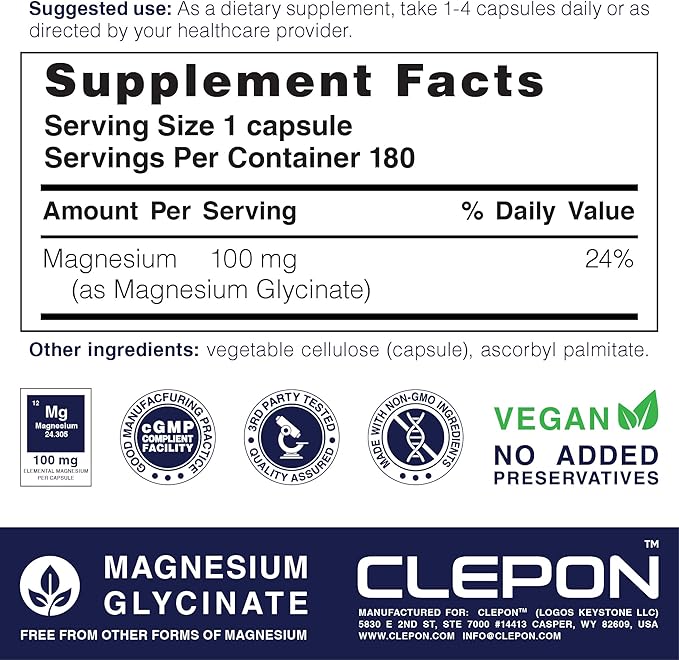 Magnesium Glycinate - Chelated, Highly Absorbable & Gentle on Stomach - Supplement for Heart & Bone Health, Restful Sleep, Stress Relief, Muscles & Nerves - Gluten-Free, Non-GMO, Vegan (180 Capsules)