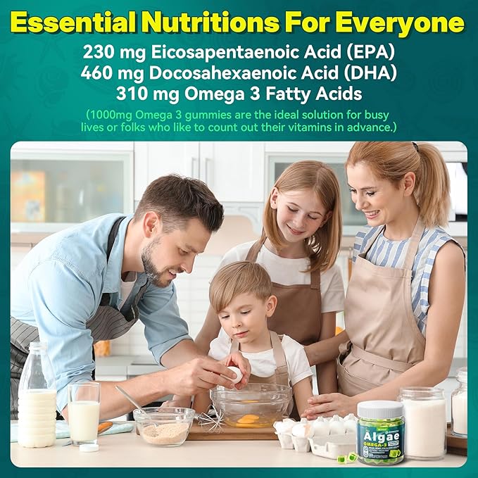 Vegan Omega 3 Gummies 1000mg w/MethylFolate, Vitamin B12, Omega 3 Fish Oil Alternative for Adults, Plant Based DHA 460mg & EPA 230mg for Brain, Mobility, Eye & Immune, Sustainable, Sugar Free, 60 Cts