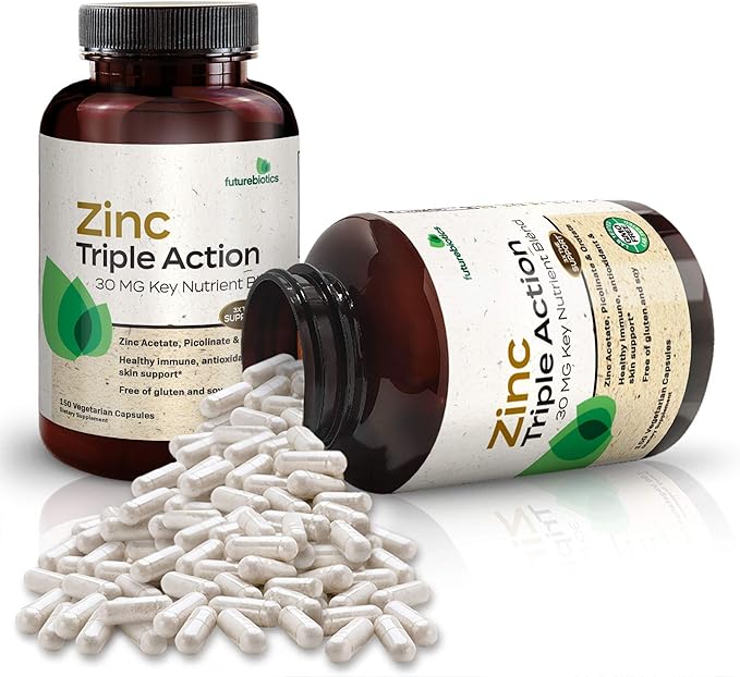 Futurebiotics Zinc Triple Action 30mg Key Nutrient Blend Immune Support Supplement with Zinc Acetate, Picolinate & Orotate - Immune, Antioxidant & Skin Health Support - 150 Vegetarian Capsules