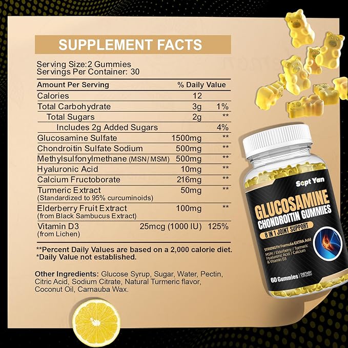 Glucosamine Chondroitin Gummies - 60 Joint Support Supplements - 1500mg Extra Strength with MSM, Elderberry, Turmeric - Cartilage & Immune Support for Adults, Men & Women Vegan - Easy to Swallow