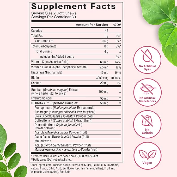 FORCE FACTOR Collagen Boosting Superfoods, Vegan Collagen Booster for Women, With Biotin, Hyaluronic Acid, and Vitamin C, For Hair, Skin, Nails, & Joint Support, Tropical Fruit, 120 Soft Chews, 2-Pack