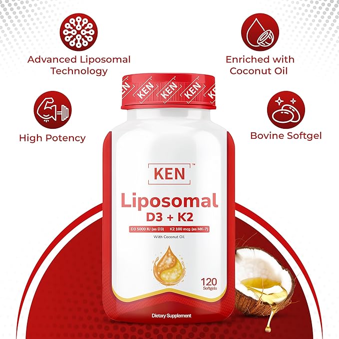 KEN Liposomal Vitamin D3 5000 IU + K2 (MK7) 100mcg, Bone Support Supplement, Enhanced Calcium Absorption, Supports Immune Function, Coconut Oil, No Seed Oil, Non-GMO 120 Halal Bovine Softgels