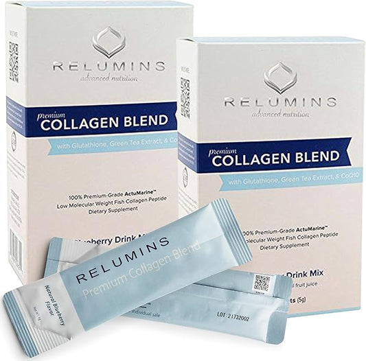 Relumins Marine Collagen Powder Drink Mix - Collagen Peptide with Glutathione, Green Tea, CoQ10, & Hyaluronic Acid Boosts Smooth Glowing Skin - 20 Powder Sachets x Blueberry Flavored + 2 Free Sachets