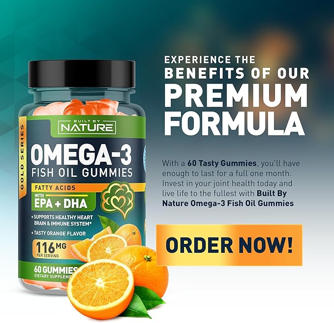Omega 3 Fish Oil Gummies with EPA & DHA from Wild Fish - Triple Strength Omega 3 Fish Oil Gummy, Supports Healthy Heart, Brain & Immune System, Burpless & Natural - 60 Gummies, 30 Day Supply