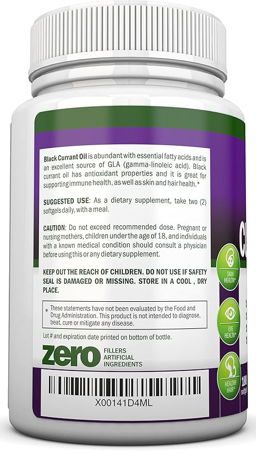 Black Currant Oil - 1000 Mg - 180 Softgels - Cold-Pressed Pure Black Currant Seed Oil - Hexane Free - 140mg GLA Per Serving - Regulates Hormonal Balance - Great for Immune System, Hair and Skin