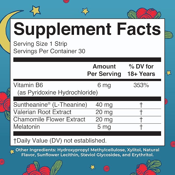 Sleep Dissolving Strips by MaryRuth's | L Theanine | Chamomile Flower | Melatonin 5mg | Valerian Root | Vitamin B6 | Sugar Free | Cranberry Flavor | Vegan | Gluten Free | Dairy Free | 30 Count