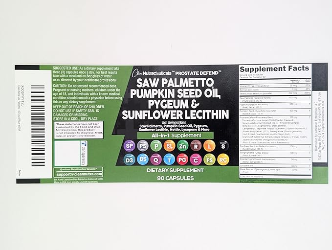 Clean Nutraceuticals Saw Palmetto Pumpkin Seed Oil Pygeum Sunflower Lecithin Stinging Nettle Cranberry - Prostate Supplements for Men with Lycopene - 90 Caps