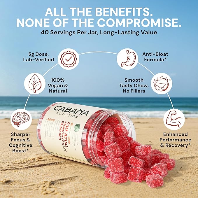 Creatine Monohydrate Gummies 5g - Watermelon Flavored Creatine for Women and Men - Supplement Supports Muscle Gain, Energy, Pre and Post Workout, Focus & Cognition, Recovery (120 count, 40 servings)