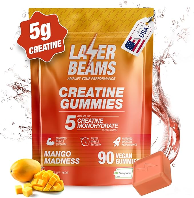 Creatine Monohydrate Gummies - 5g Creapure Creatine per Serving - Vegan, Mango Flavor - Boost Muscle Strength, Endurance, Recovery & Mental Focus - 90 Gummies, Gluten-Free