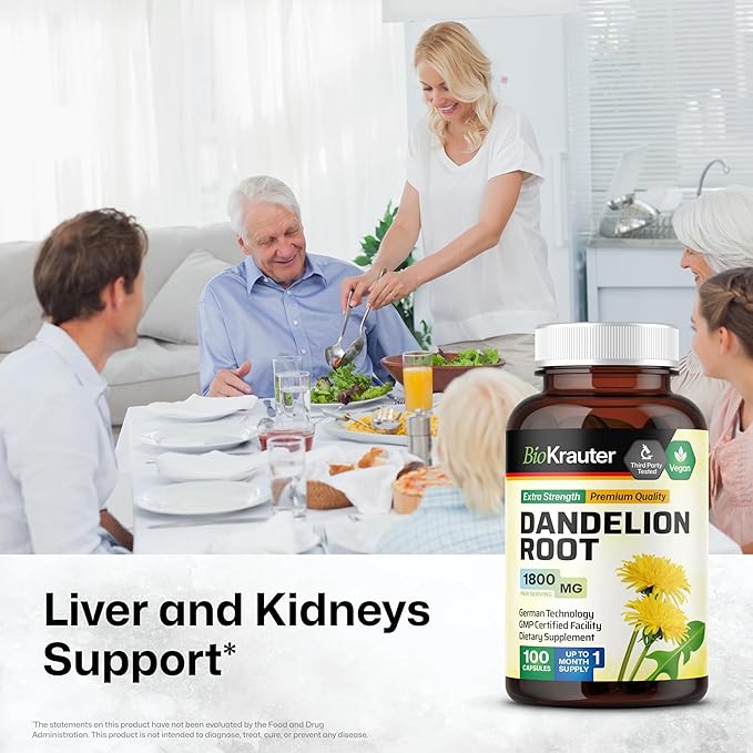 BIO KRAUTER Dandelion Root Capsules - 1800 mg Strength - 100 Count - Dandelion Root Supplement - Vegan Capsules for Liver Support