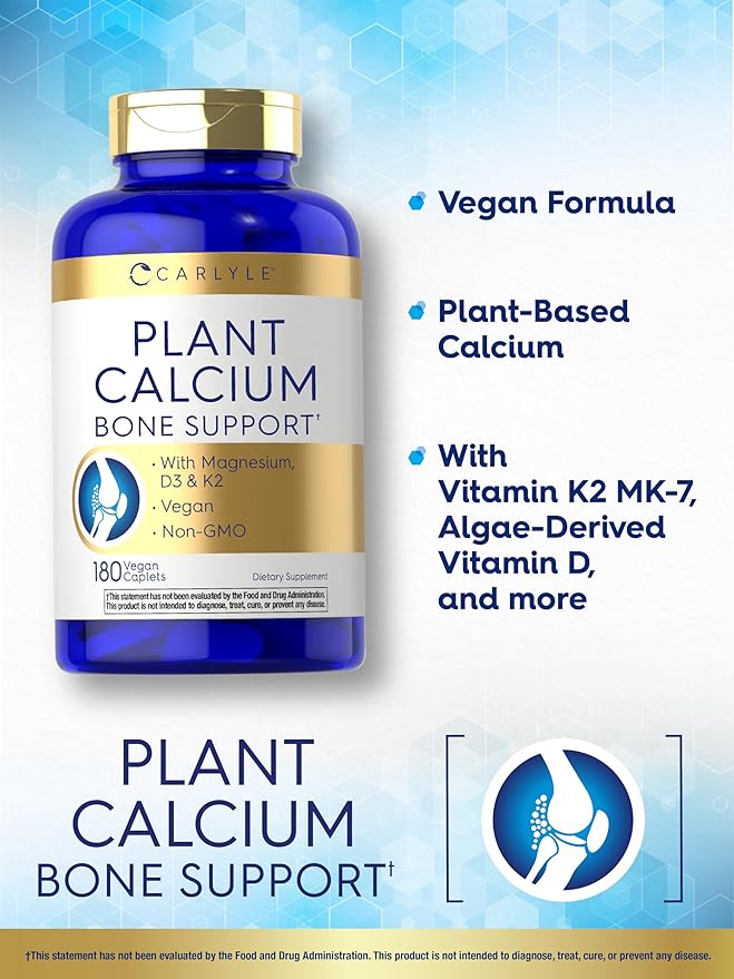 Carlyle Plant Based Calcium with Vitamin K2, D3, Magnesium | 180 Vegan Caplets | Bone Strength Supplement | Non-GMO, & Gluten Free
